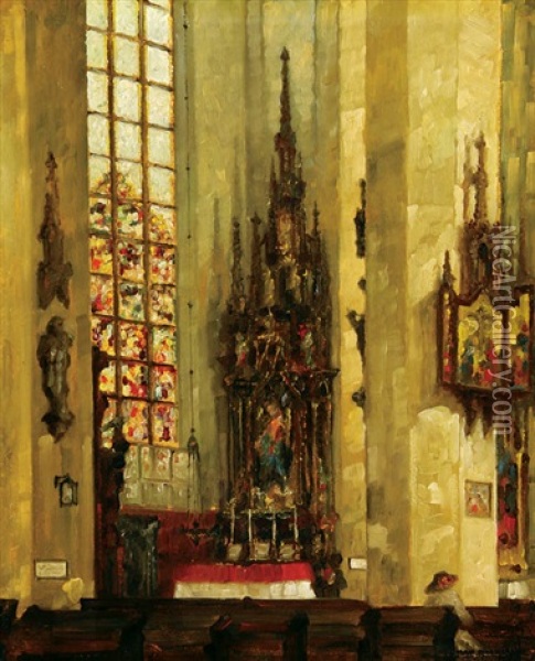 Interior Of A Cathedral With A Marian Altar And Stained Glass Window Oil Painting - Max Baumann