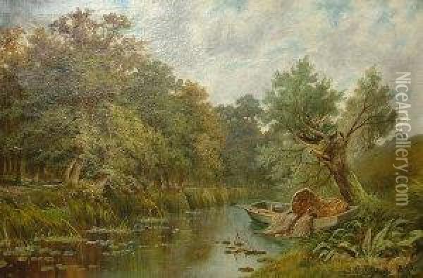 Rowing Boat In A River Landscape Oil Painting - Sidney Yates Johnson
