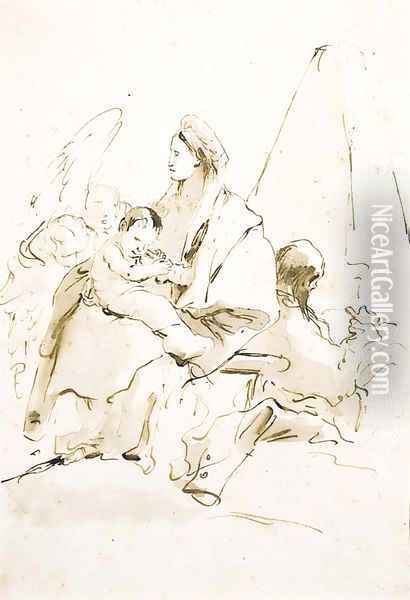 The Rest on the Flight into Egypt, with angels and a pyramid Oil Painting - Giovanni Battista Tiepolo
