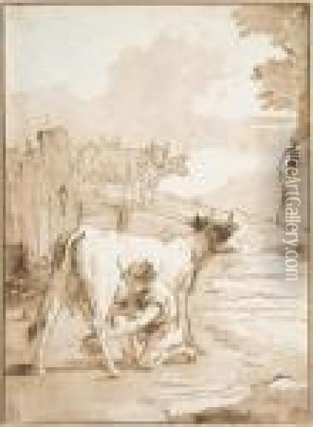 Garcon En Train De Traire Une Vache Oil Painting - Giovanni Domenico Tiepolo