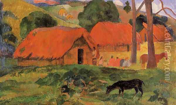 Three Huts, Tahiti Oil Painting - Paul Gauguin