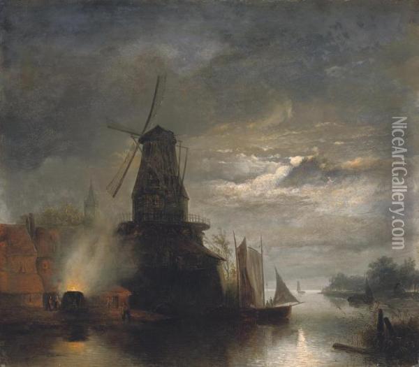 Moulin Et Scierie, Hollande: Windmill On The Water, Holland Oil Painting - Johan Barthold Jongkind