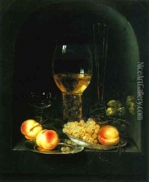 Still Life Of A Roemer With A Flute, Wineglass, And Peaches And Grapes On Porcelain And Pewter Dishes In A Stone Niche Oil Painting - Jan Davidsz De Heem