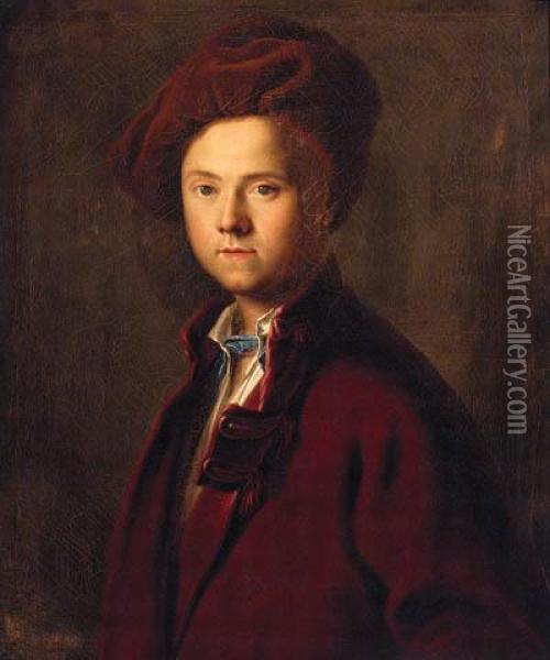 Portrait Of A Gentleman, Half-length, In A Red Coat, White Shirt,and Brown Turban Oil Painting - Andrea Soldi