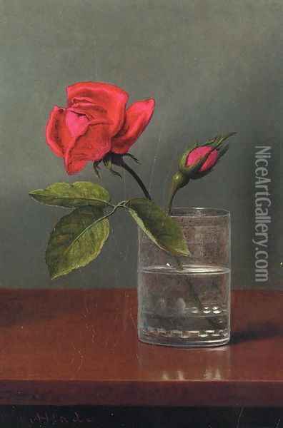 Red Rose And Bud In A Tumbler On A Shiny Table Oil Painting - Martin Johnson Heade