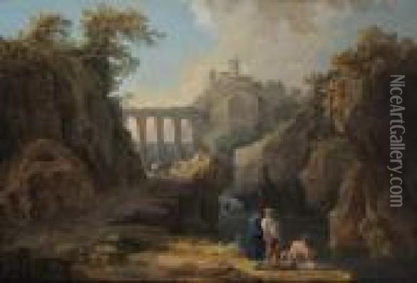Paysage Au Pont, Chateau Et Pecheurs Oil Painting - Hubert Robert
