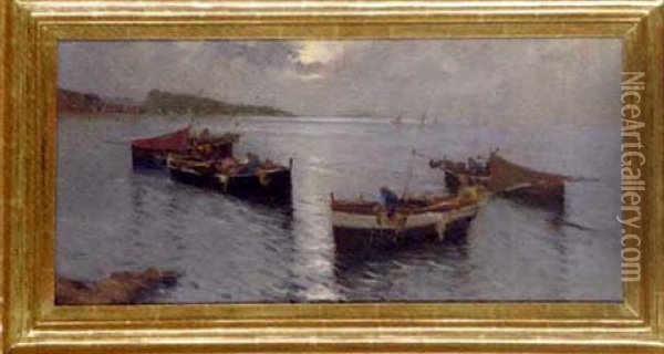 Fishing Boats In The Bay Of Naples Oil Painting - Adolf Kaufmann