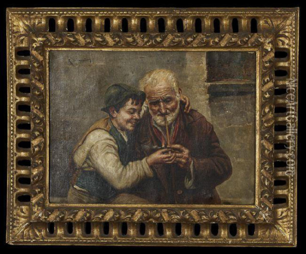 Young Boy Helping An Old Man Light Hispipe Oil Painting - R. Fugerio