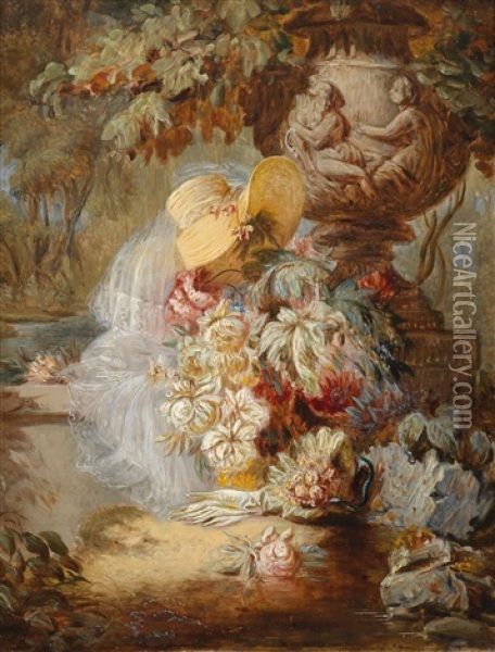 Stillleben Mit Sommerhut, Handschuhen Und Blumen Vor Steinvase Oil Painting - Jean-Baptiste Robie