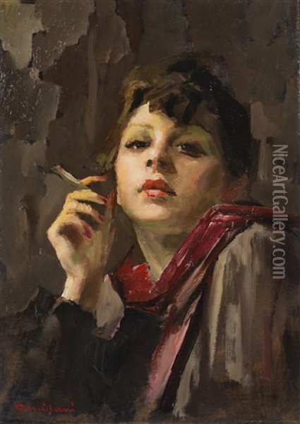 Ritratto Di Donna Che Fuma Oil Painting - Giuseppe Amisani