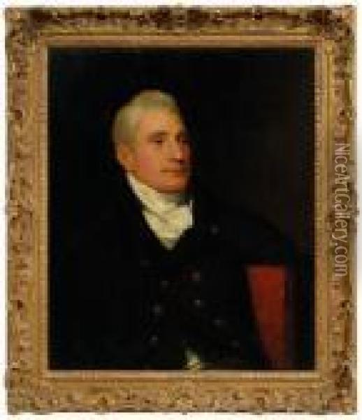 Portrait Of A Gentleman In Double Breasted Waistcoat And Seated In Red Chair Oil Painting - John Hoppner
