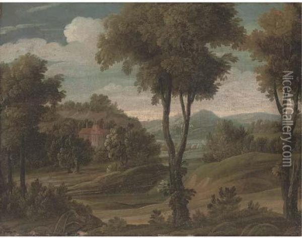 A Wooded Landscape With A Country House Oil Painting - Carlo Antonio Tavella