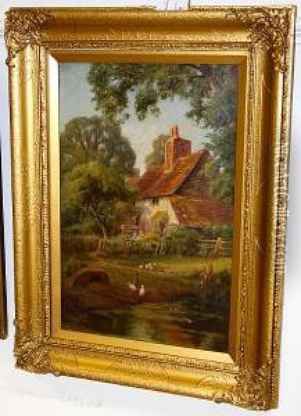 Cottage With Ducks On A Pond To Theforeground Oil Painting - John Fitz Marshall