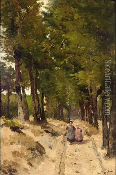 Children In A Forest Landscape Oil Painting - Geo Poggenbeek