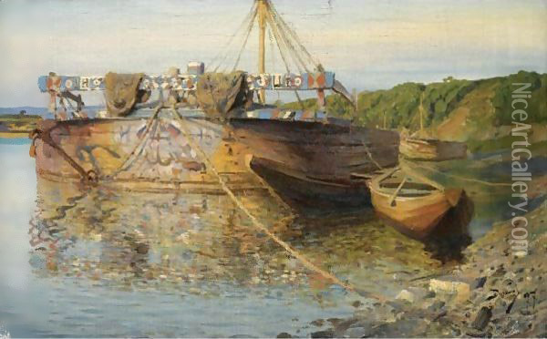 Barge On The River Oka Oil Painting - Vasily Polenov