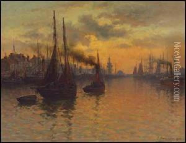 Tall Ships And Tugboats In Harbour At Sunset Oil Painting - Louis Timmermans