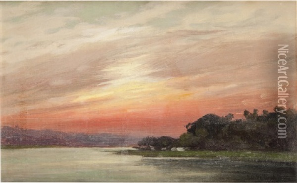 Sunset Over A Lake Oil Painting - Raymond Dabb Yelland