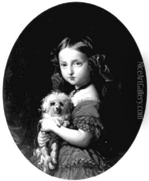 Portrait D'isabelle De Montensier Enfant Tenant Un Caniche Dans Ses Bras Oil Painting - Federico de Madrazo y Kuntz