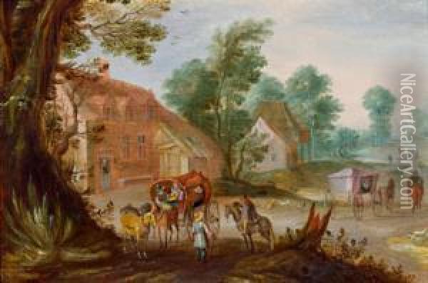 Strada Di Campagna Nelle Fiandre Con Viaggiatori Su Un Carro Oil Painting - Isaak van Oosten