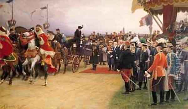 President Emile Loubet 1838-1929 Welcoming Tsar Nicolas II 1894-1917 and the Empress Alexandra 1872-1918 to the Camp at Betheny Oil Painting - Albert Pierre Dawant