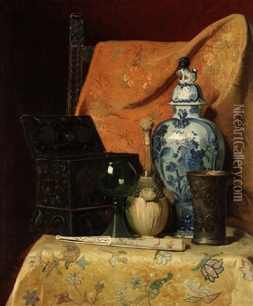 Oriental Still Life With Fan Oil Painting - Axel Hendrik Hulle