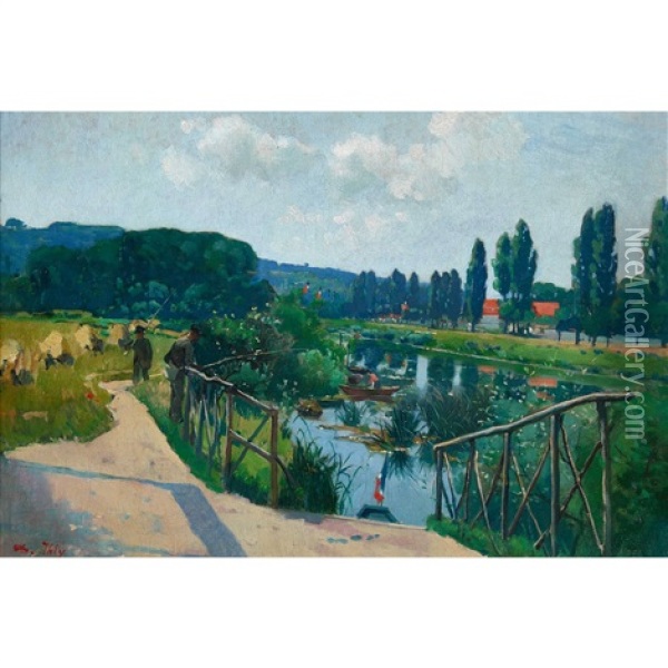 Sommerliche Flusslandschaft Mit Anglern Oil Painting - Jean Daniel Ihly