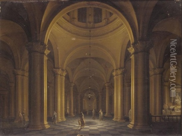 Elegant Figures In A Nocturnal Church Interior Oil Painting - Anthonie Delorme