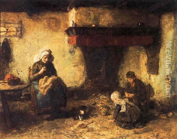 Moeder Met Spelende Kinderen In Een Interieur Oil Painting - Arthur Henri Christiaan Briet