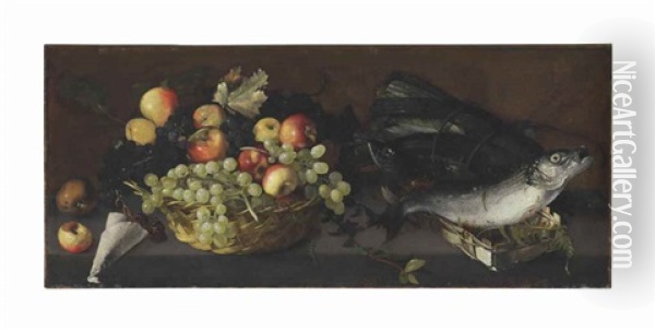 Apples And Grapes In A Basket With Fish On A Stone Ledge Oil Painting - Luca Forte