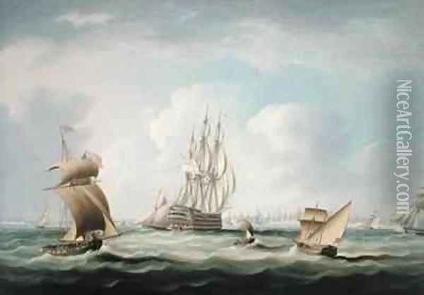 A First Rate with a Vice Admiral of the White Board and other Craft in Cadiz Bay Oil Painting - Thomas Buttersworth