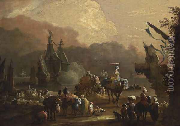 A Mediterranean Harbour Scene 1670s Oil Painting - Hendrik van Minderhout