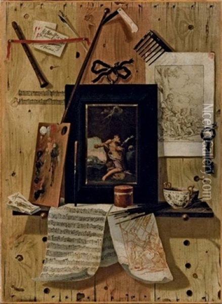 Trompe L'oeil Con Un Disegno, Un'incisione Di Carlo Sferini, Uno Spartito Musicale, Una Tavolozza Di Colori Ed Un Quadro Raffigurante San Girolamo Oil Painting - Antonio Calza