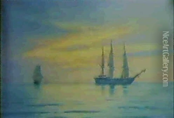 Evening On The North Sea, H.m.s. London And Other Vessels Oil Painting - Carl Ludvig Thilson Locher