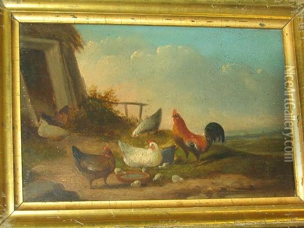 Cockerel And Chickens Feeding Before A Landscape, And Another Similar Oil Painting - Franz van Severdonck