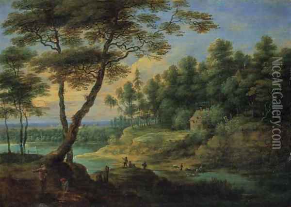 A wooded river landscape with peasants Oil Painting - Lucas Van Uden