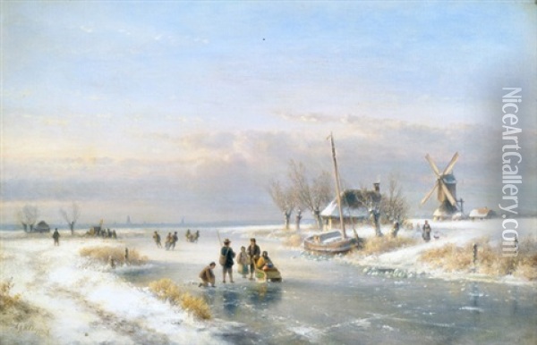 Weite Winterlandschaft Mit Regem Treiben Auf Einem Zugefrorenen Kanal Oil Painting - Lodewijk Johannes Kleyn