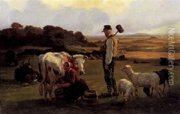 Ved Malketid Pa Marken. Sommeraften Oil Painting - Wilhelm Thomas Pedersen