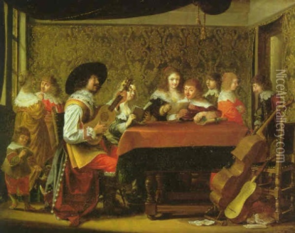 An Interior With Elegant Musicians And Singers Oil Painting - Laurentius de Neter