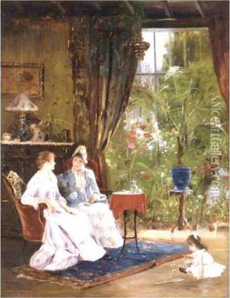 In The Conservatory Oil Painting - Mihaly Munkacsy