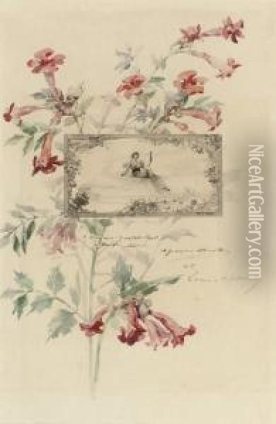 A Composition Of Flowers Surrounding An Engraving Oil Painting - Louise Abbema