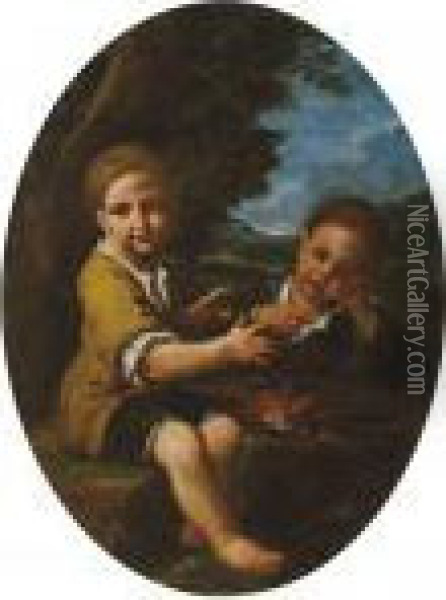 Due Bambini Davanti Al Fuoco Oil Painting - Antonio Amorosi