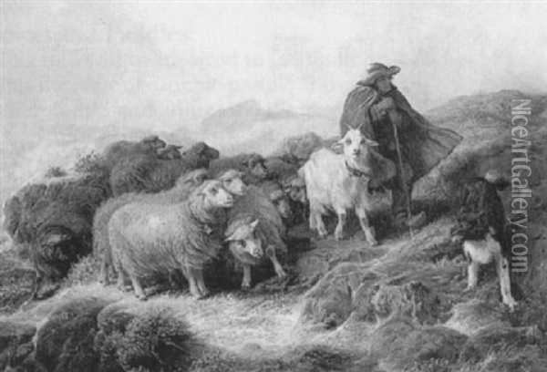 A Flock Of Sheep In A Stormy Landscape Oil Painting - August Friedrich Albrecht Schenck