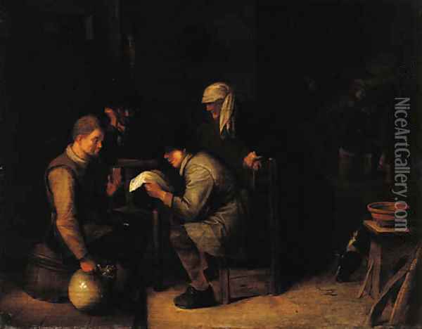 A young boy reading a letter to a boor seated on a barrel in an inn Oil Painting - Hendrick Maertensz. Sorch (see Sorgh)