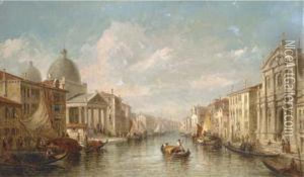 Barges And Gondolas On The Grand Canal, Venice Oil Painting - J. Vivian