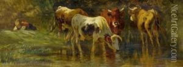 Young Herdsman Withcows At The Waterside. Oil Painting - Friedrich Johann Voltz