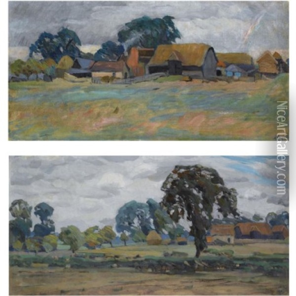 The Old Farm - England (+ A Grey Day - England; 2 Works) Oil Painting - Alexander Fedorovich Gaush