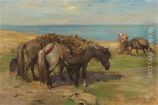 Turf Carriers, Shetland Oil Painting - William Walls
