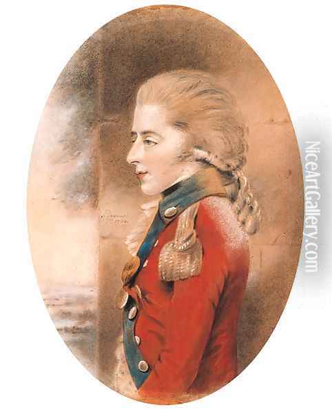 Portrait of an officer, half-length, facing left, in a scarlet uniform, possibly Prince Edward Augustus, Duke of Kent Oil Painting - John Downman