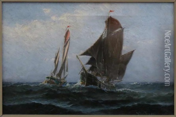 Two Sailing Ships At Sea Oil Painting - Theodore Victor Carl Valenkamph