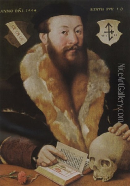 A Portrait Of A Bearded Man, Aged 39, Wearing A Fur-lined Black Coat And A Black Beret Oil Painting - Hermann Tom Ring